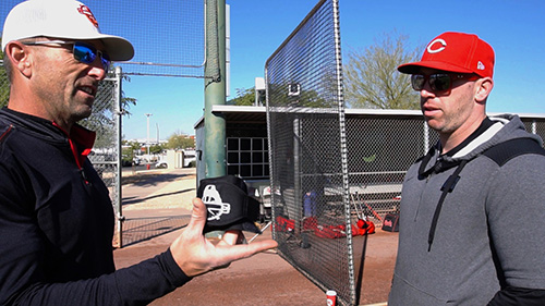 Matt Ceriani discussing the Caught Stealing Pro100™️ with Cincinnati Reds coaching staff