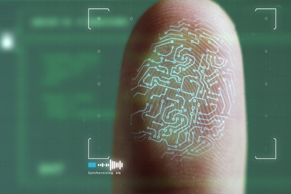 Close-up fingerprint being scanned with a digital biometric overlay