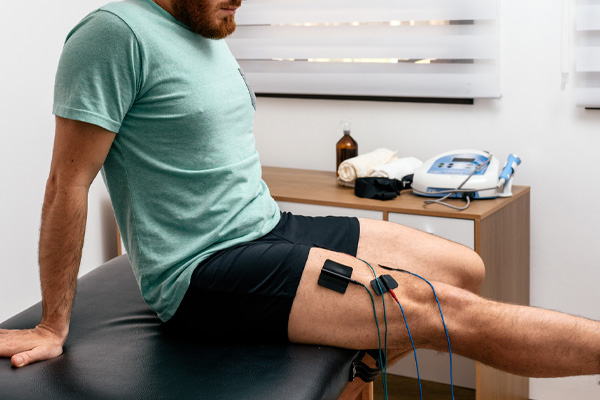 Patient using REVO sports recovery device with electrode pads during physical therapy session for muscle rehabilitation.
