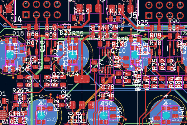 PCB layout for REVO sports recovery device shown in CAD software, highlighting circuit complexity and production-ready design.