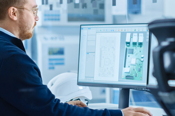 Engineer reviewing a 3D PCB rendering on a computer, analyzing design before prototyping.