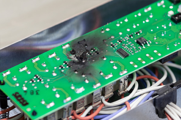 Close-up of a burned printed circuit board showing signs of insulation breakdown and overheating damage.
