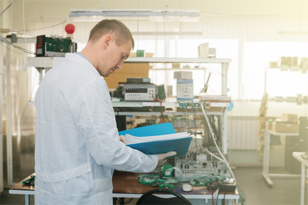 Hardware engineer in a modest electronics lab reviewing compliance documentation during early design planning