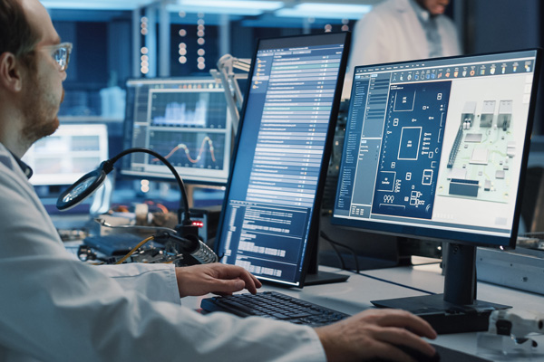 Engineer reviewing PCB layout and schematic on screen, simulating design performance for EMC and compliance.