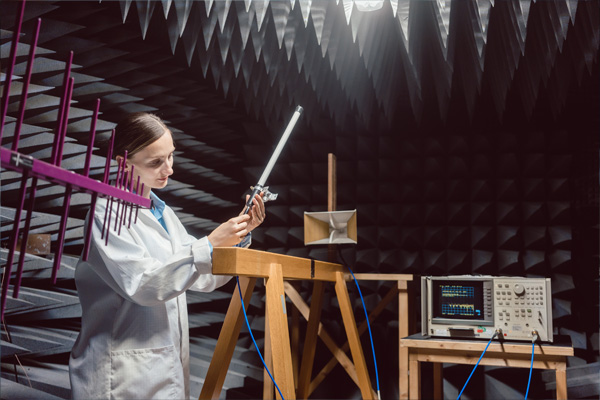 Engineer setting up compliance test equipment inside an anechoic chamber to prepare for EMC certification.