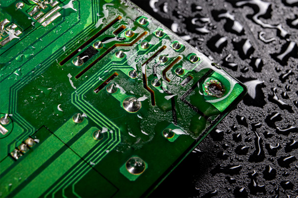 Wet circuit board exposed to moisture, symbolizing the effects of condensation in poorly sealed enclosures.