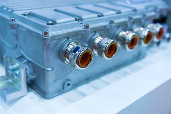 Metal electronics enclosure with four waterproof cable glands providing sealed cable entries for IP67/68 protection.