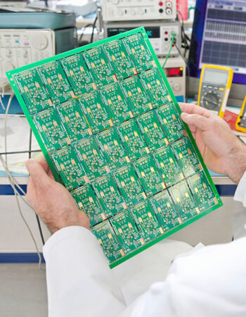 Engineer inspecting printed circuit boards for manufacturing and production