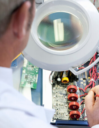 Engineer inspecting and testing electronic circuit board hardware